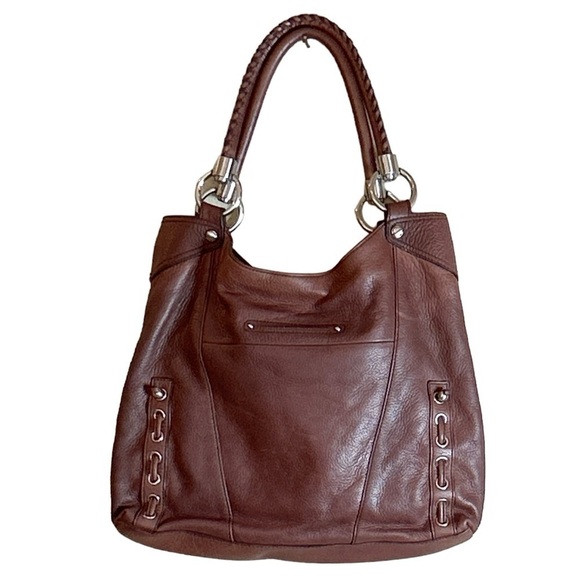 B Makowsky Large Hobo Front Pocket Double Strap Brown Leather Bag Silver Accents - Picture 2 of 9